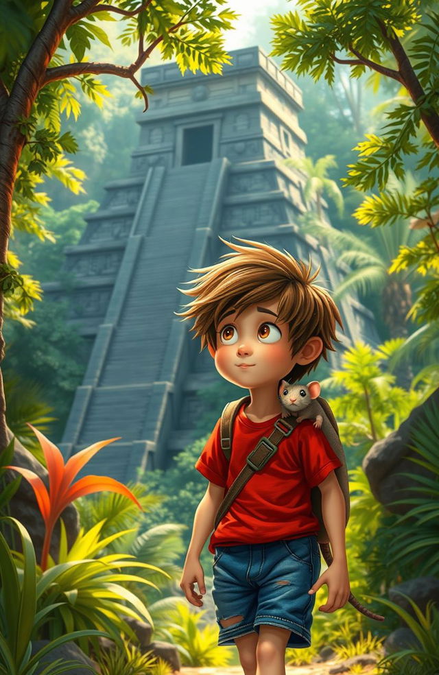 A whimsical adventure scene featuring a young boy with tousled brown hair, wearing a bright red shirt and denim shorts, exploring an ancient pyramid in a lush jungle