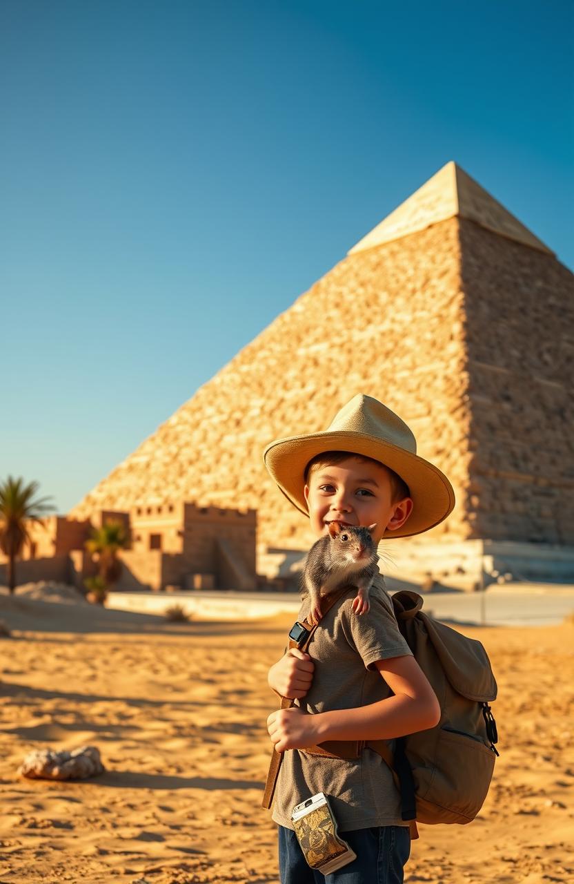 A young boy on an adventurous expedition with a friendly rat exploring ancient Egypt