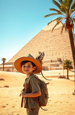 A young boy on an adventurous expedition with a friendly rat exploring ancient Egypt