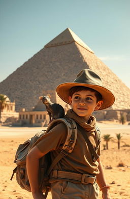 A young boy on an adventurous expedition with a friendly rat exploring ancient Egypt