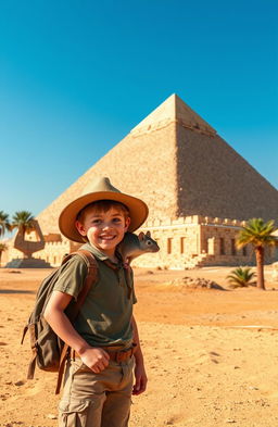 A young boy on an adventurous expedition with a friendly rat exploring ancient Egypt