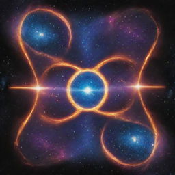 Create an imagery for 'Cosmic Split' card, an 'upcell' type. Visualize cosmic energy dividing a cell into two identical versions, reflecting replication. While radiating power, the card should encapsulate the idea of duplicating a basic cell.