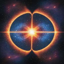 Create an imagery for 'Cosmic Split' card, an 'upcell' type. Visualize cosmic energy dividing a cell into two identical versions, reflecting replication. While radiating power, the card should encapsulate the idea of duplicating a basic cell.