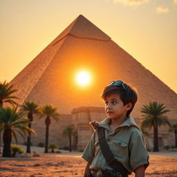 A boy standing in front of a majestic Egyptian pyramid, with the golden sun setting in the background