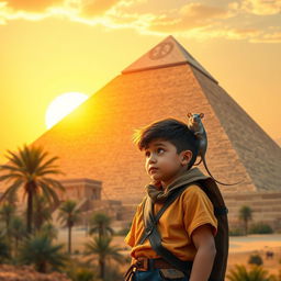 A boy standing in front of a majestic Egyptian pyramid, with the golden sun setting in the background