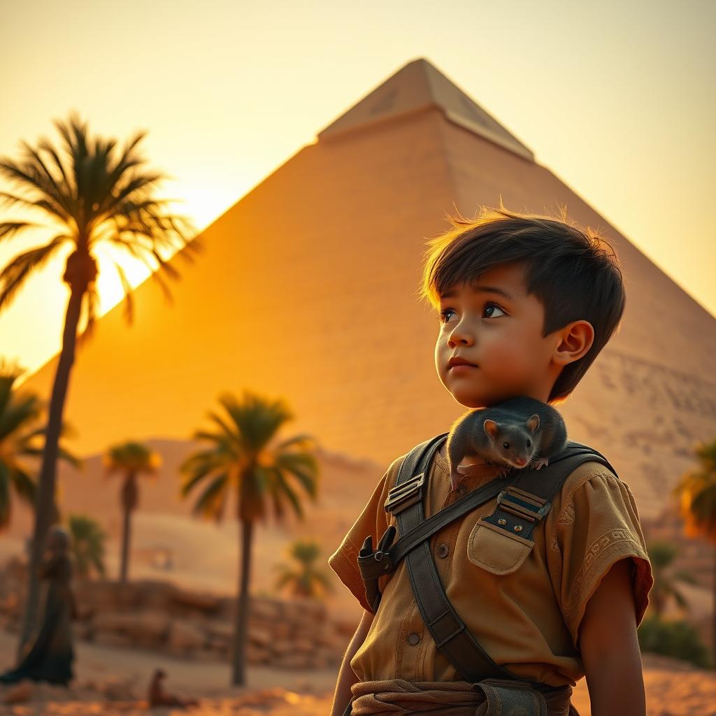 A boy standing in front of a majestic Egyptian pyramid, with the golden sun setting in the background