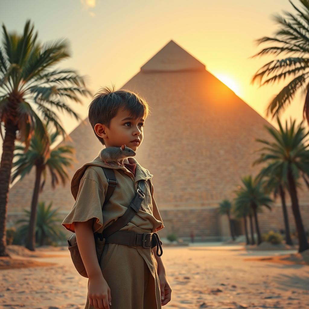 A boy standing in front of a majestic Egyptian pyramid, with the golden sun setting in the background