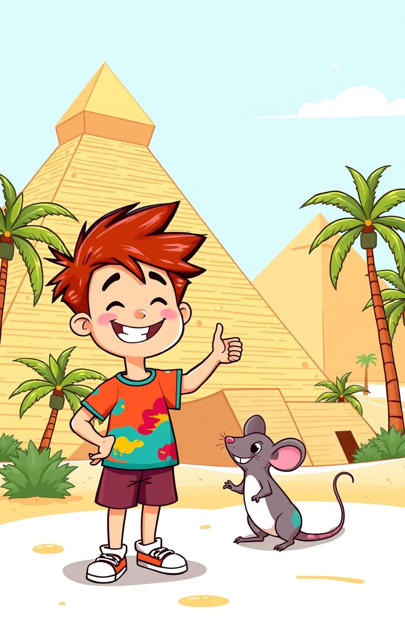 A vibrant cartoon scene featuring a cheerful boy with spiky hair, dressed in a colorful t-shirt and shorts, happily standing next to a small, friendly-looking rat