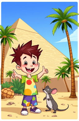 A vibrant cartoon scene featuring a cheerful boy with spiky hair, dressed in a colorful t-shirt and shorts, happily standing next to a small, friendly-looking rat