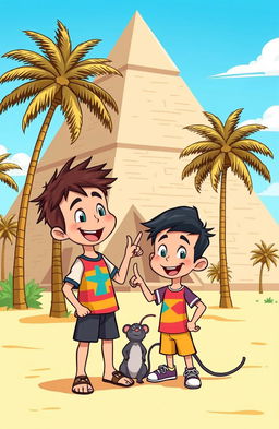 A vibrant cartoon scene featuring a cheerful boy with spiky hair, dressed in a colorful t-shirt and shorts, happily standing next to a small, friendly-looking rat