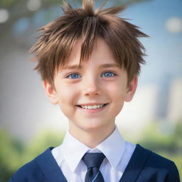 Anime style young boy with spiky brown hair, big blue eyes, and a confident smile. He's wearing a school uniform.