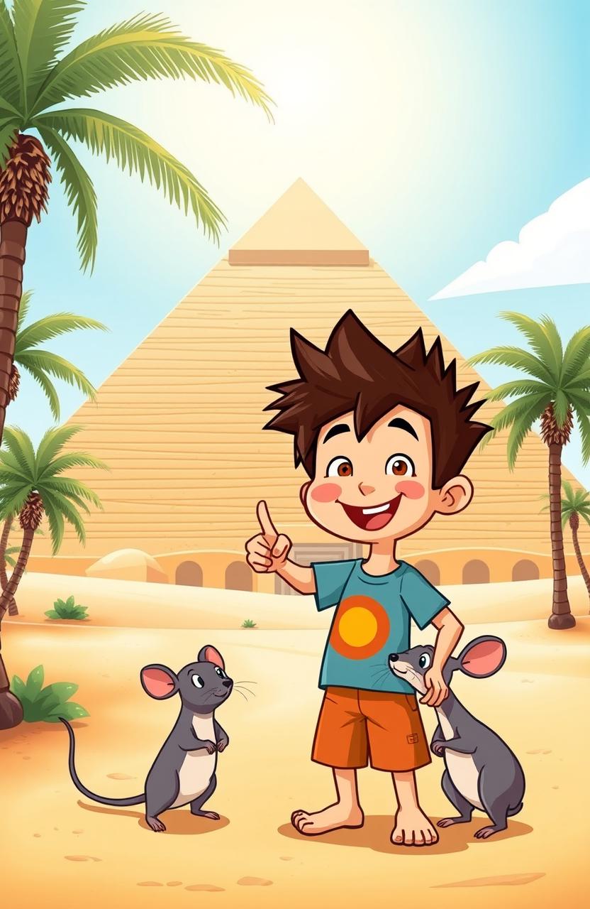 A vibrant cartoon scene featuring a cheerful boy with spiky hair, dressed in a colorful t-shirt and shorts, happily standing next to a small, friendly-looking rat