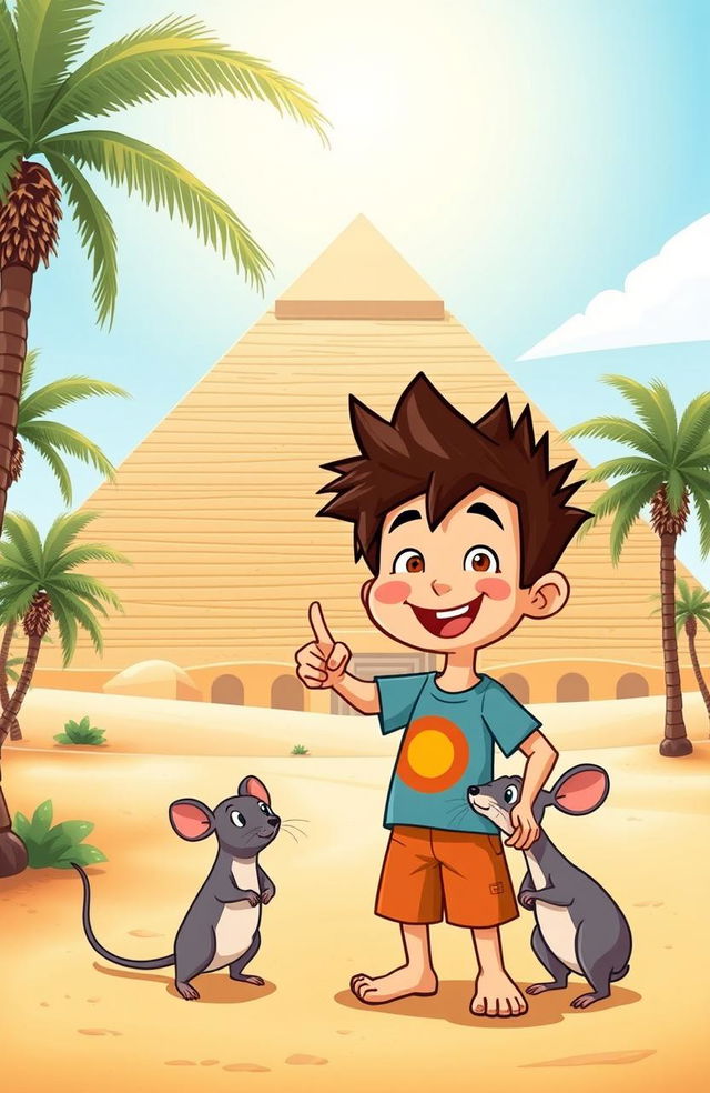 A vibrant cartoon scene featuring a cheerful boy with spiky hair, dressed in a colorful t-shirt and shorts, happily standing next to a small, friendly-looking rat