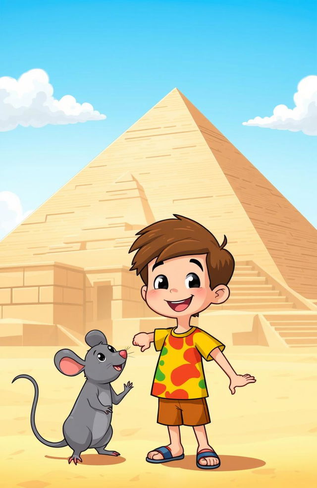 A vibrant cartoon scene featuring a cheerful boy with short brown hair wearing a colorful t-shirt and shorts, playfully interacting with a cute gray rat