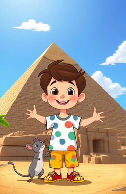 A vibrant cartoon scene featuring a cheerful boy with short brown hair wearing a colorful t-shirt and shorts, playfully interacting with a cute gray rat