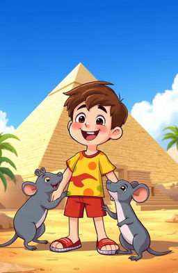 A vibrant cartoon scene featuring a cheerful boy with short brown hair wearing a colorful t-shirt and shorts, playfully interacting with a cute gray rat