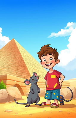 A vibrant cartoon scene featuring a cheerful boy with short brown hair wearing a colorful t-shirt and shorts, playfully interacting with a cute gray rat