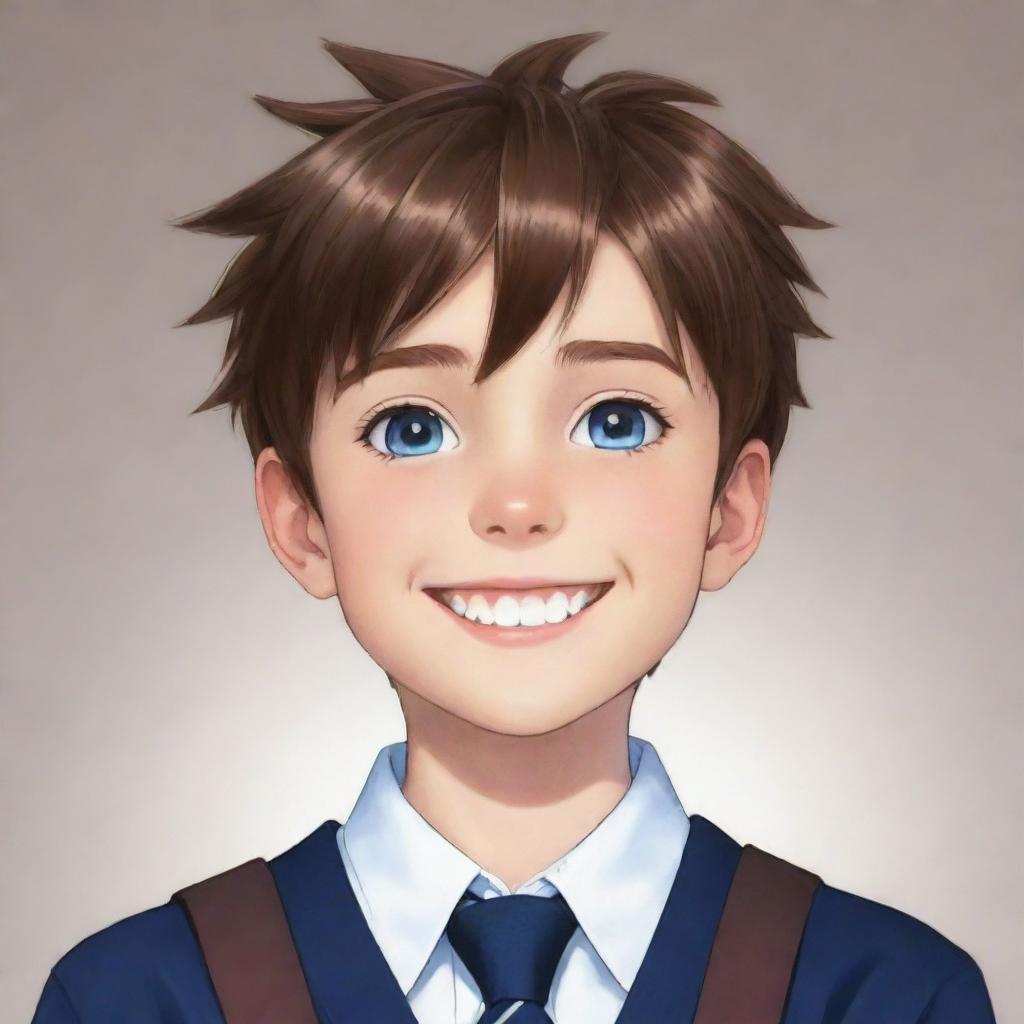 Anime style young boy with spiky brown hair, big blue eyes, and a confident smile. He's wearing a school uniform.