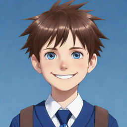 Anime style young boy with spiky brown hair, big blue eyes, and a confident smile. He's wearing a school uniform.