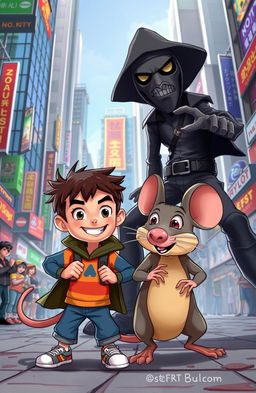 A dynamic cartoon scene depicting a brave cartoon boy and a fierce rat teaming up in an action-packed fight against a menacing terrorist in a bustling city