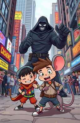 A dynamic cartoon scene depicting a brave cartoon boy and a fierce rat teaming up in an action-packed fight against a menacing terrorist in a bustling city