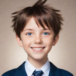 Anime style young boy with spiky brown hair, big blue eyes, and a confident smile. He's wearing a school uniform.