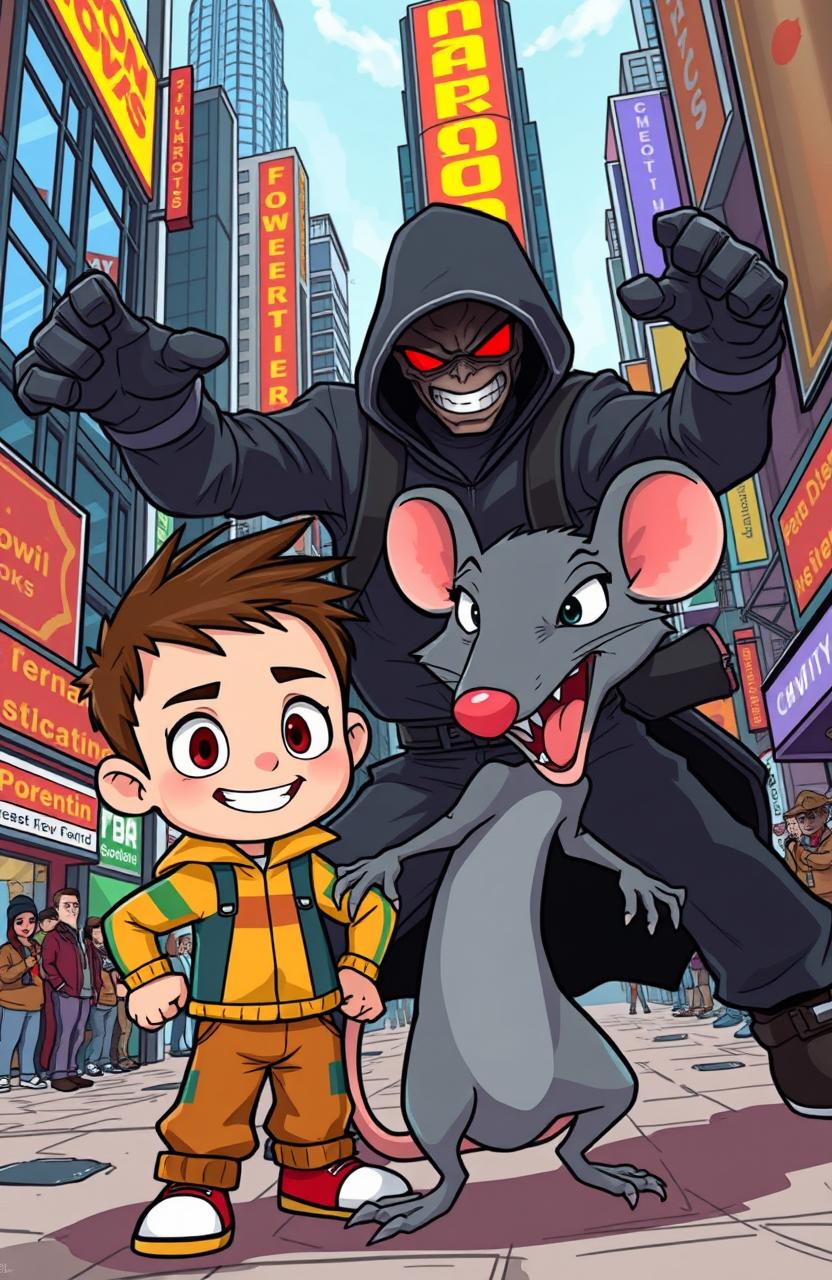 A dynamic cartoon scene depicting a brave cartoon boy and a fierce rat teaming up in an action-packed fight against a menacing terrorist in a bustling city