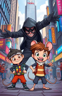 A dynamic cartoon scene depicting a brave cartoon boy and a fierce rat teaming up in an action-packed fight against a menacing terrorist in a bustling city