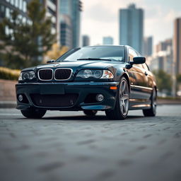 A stunning navy blue BMW E46 captured in a picturesque urban setting