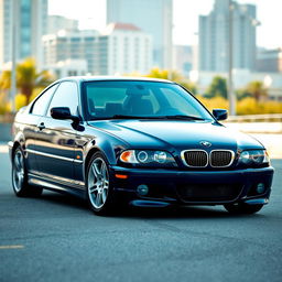 A stunning navy blue BMW E46 captured in a picturesque urban setting