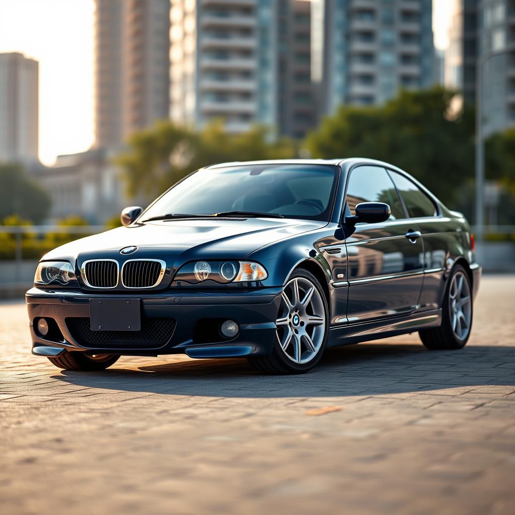 A stunning navy blue BMW E46 captured in a picturesque urban setting