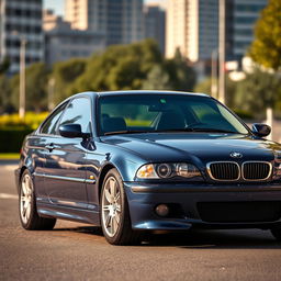 A stunning navy blue BMW E46 captured in a picturesque urban setting