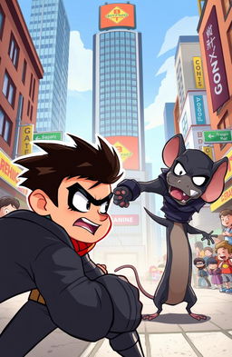 A dynamic and colorful cartoon scene featuring a brave young boy engaging in a fierce battle against a formidable terrorist in a bustling city setting