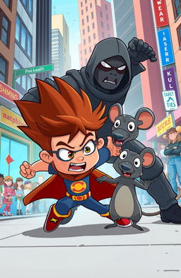 A dynamic and colorful cartoon scene featuring a brave young boy engaging in a fierce battle against a formidable terrorist in a bustling city setting