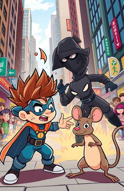 A dynamic and colorful cartoon scene featuring a brave young boy engaging in a fierce battle against a formidable terrorist in a bustling city setting