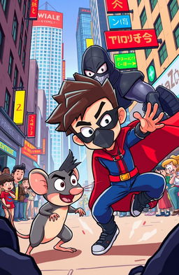 A dynamic and colorful cartoon scene featuring a brave young boy engaging in a fierce battle against a formidable terrorist in a bustling city setting