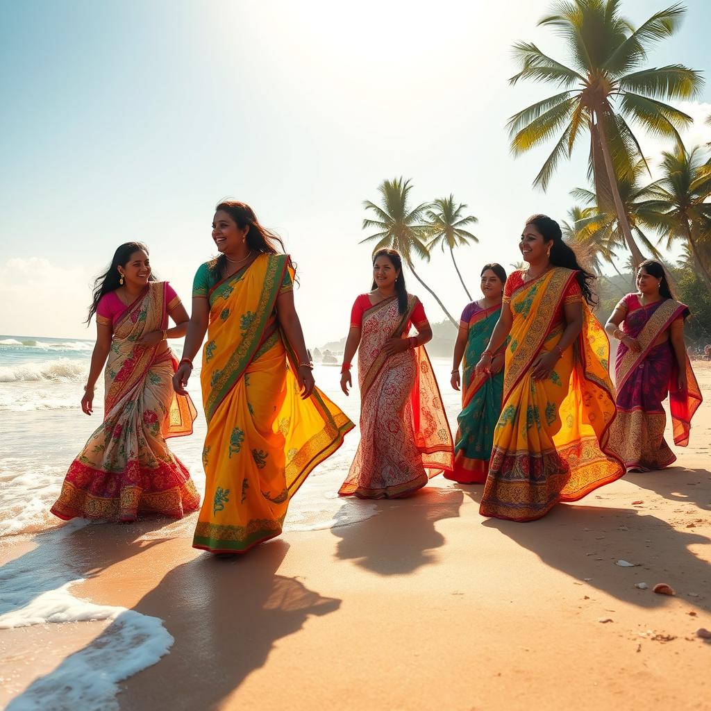 A serene beach scene featuring a group of Mallu Hindu women enjoying a day at the beach