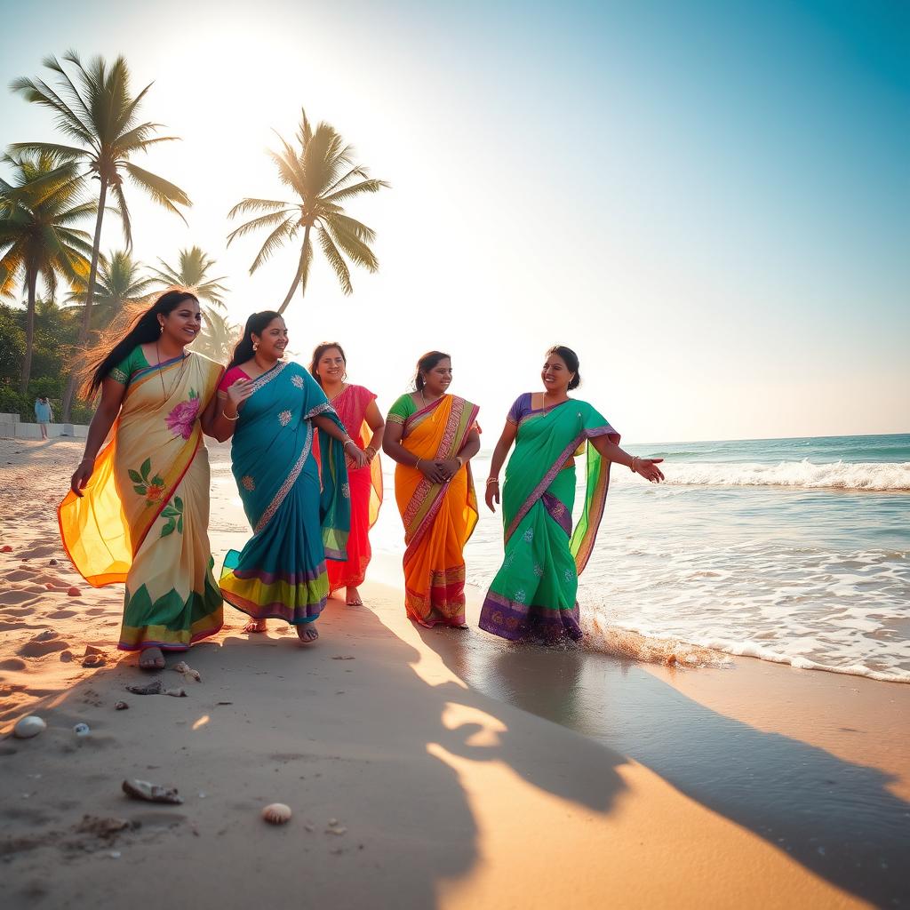 A serene beach scene featuring a group of Mallu Hindu women enjoying a day at the beach