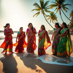 A serene beach scene featuring a group of Mallu Hindu women enjoying a day at the beach