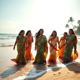 A serene beach scene featuring a group of Mallu Hindu women enjoying a day at the beach