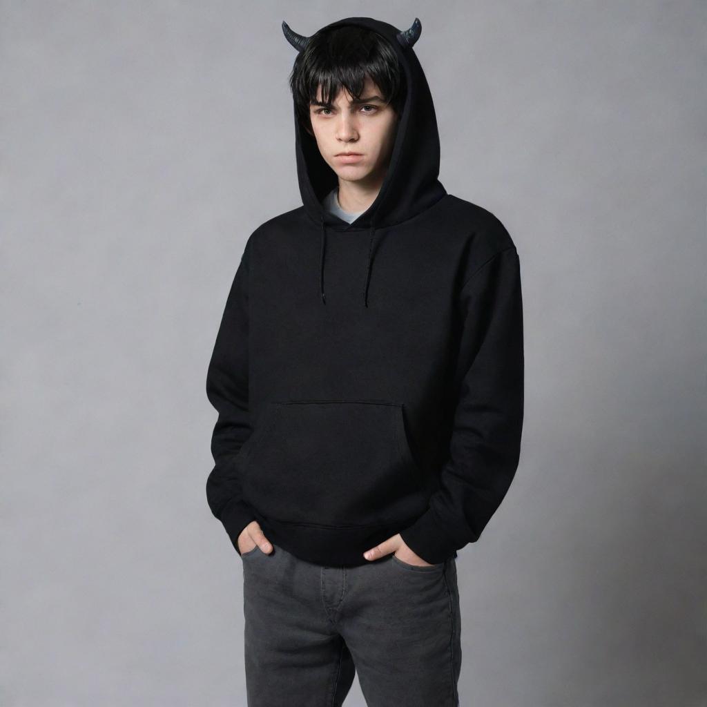 Teenage boy wearing a black hoodie and gray pants, with black hair. Half of his left side face transforms into a demon-like monster.