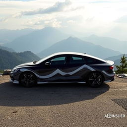 A car with a sleek design painted in a monochromatic color scheme inspired by majestic mountain ranges