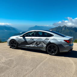 A car with a sleek design painted in a monochromatic color scheme inspired by majestic mountain ranges