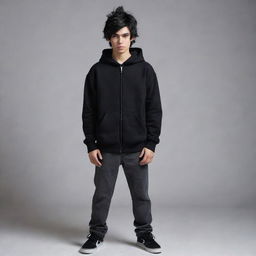 Teenage boy wearing a black hoodie and gray pants, with black hair. Half of his left side face transforms into a demon-like monster.