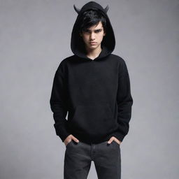 Teenage boy wearing a black hoodie and gray pants, with black hair. Half of his left side face transforms into a demon-like monster.