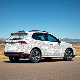 A car featuring a unique design with a mountain theme, created entirely with intricate black line art