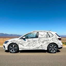 A car featuring a unique design with a mountain theme, created entirely with intricate black line art