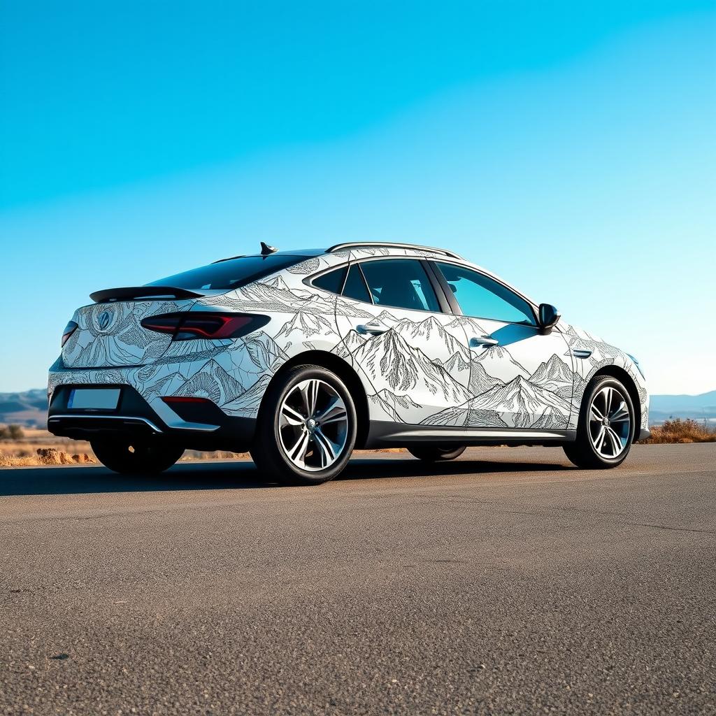 A car featuring a unique design with a mountain theme, created entirely with intricate black line art