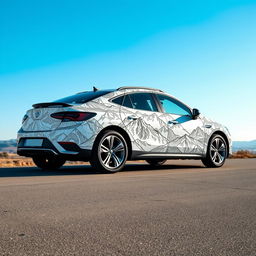 A car featuring a unique design with a mountain theme, created entirely with intricate black line art