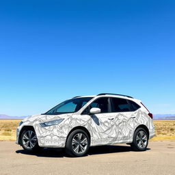 A car featuring a unique design with a mountain theme, created entirely with intricate black line art